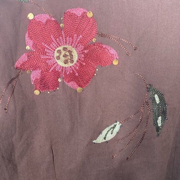 Passports Womens Large Floral Embroidered Beaded Brown Cotton Lined Jacket - Picture 4 of 11